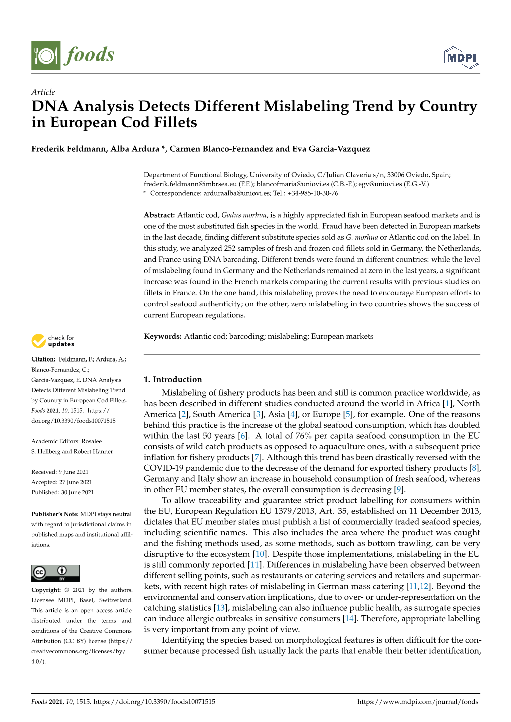 DNA Analysis Detects Different Mislabeling Trend by Country in European Cod Fillets