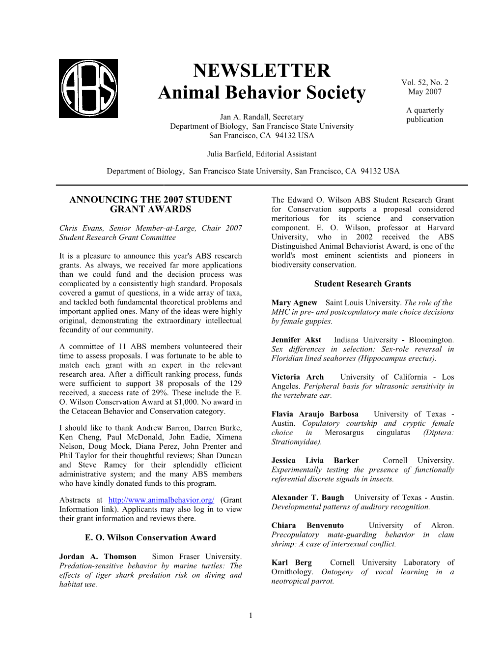 NEWSLETTER Animal Behavior Society