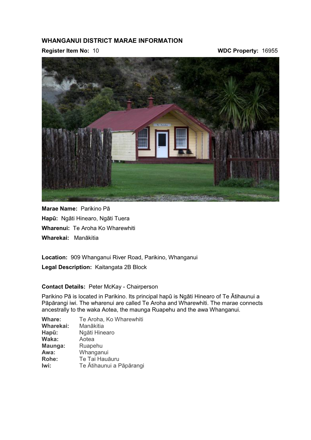 WHANGANUI DISTRICT MARAE INFORMATION Register Item No: 10 WDC Property: 16955