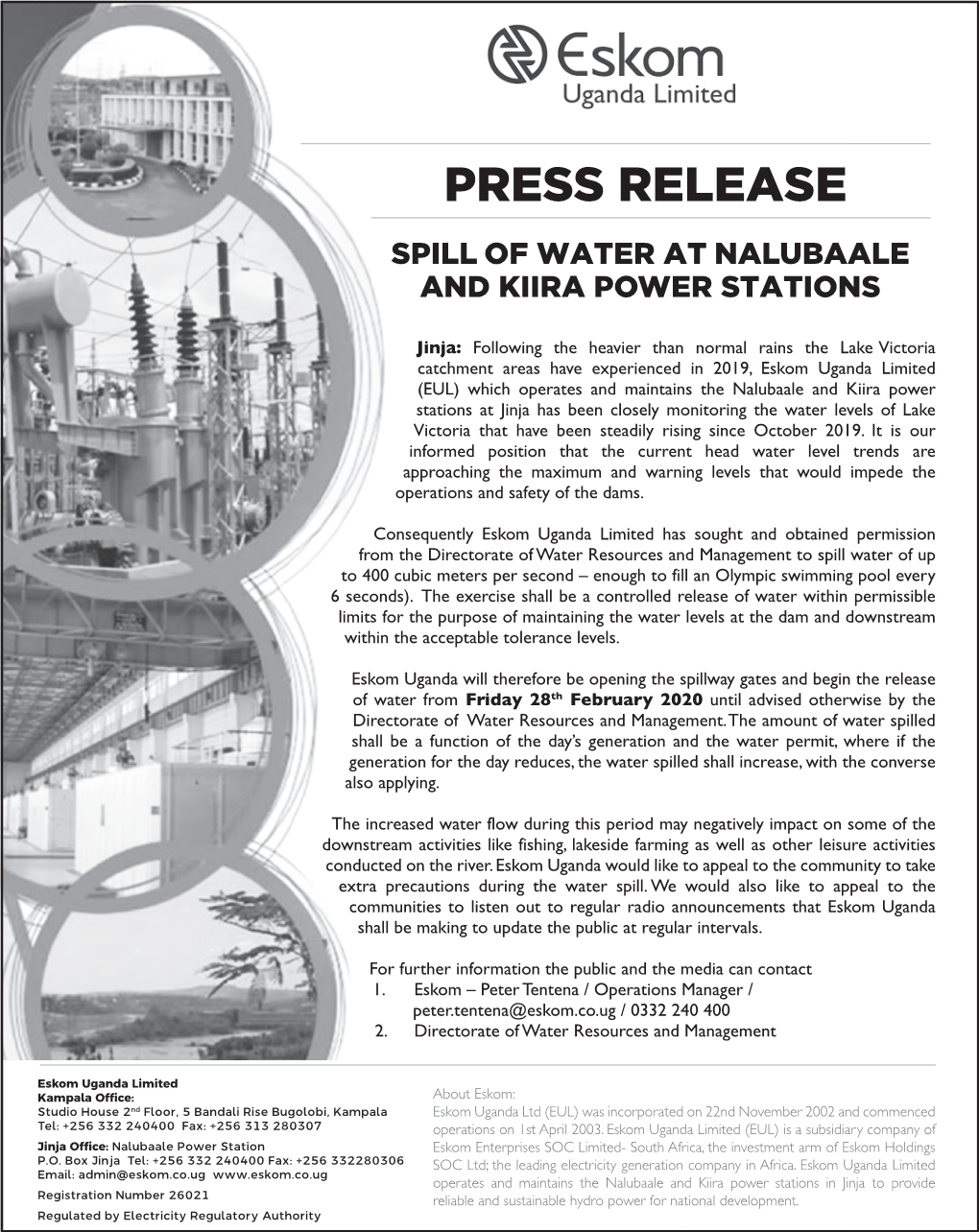 Press Release Spill of Water at Nalubaale and Kiira Power Stations