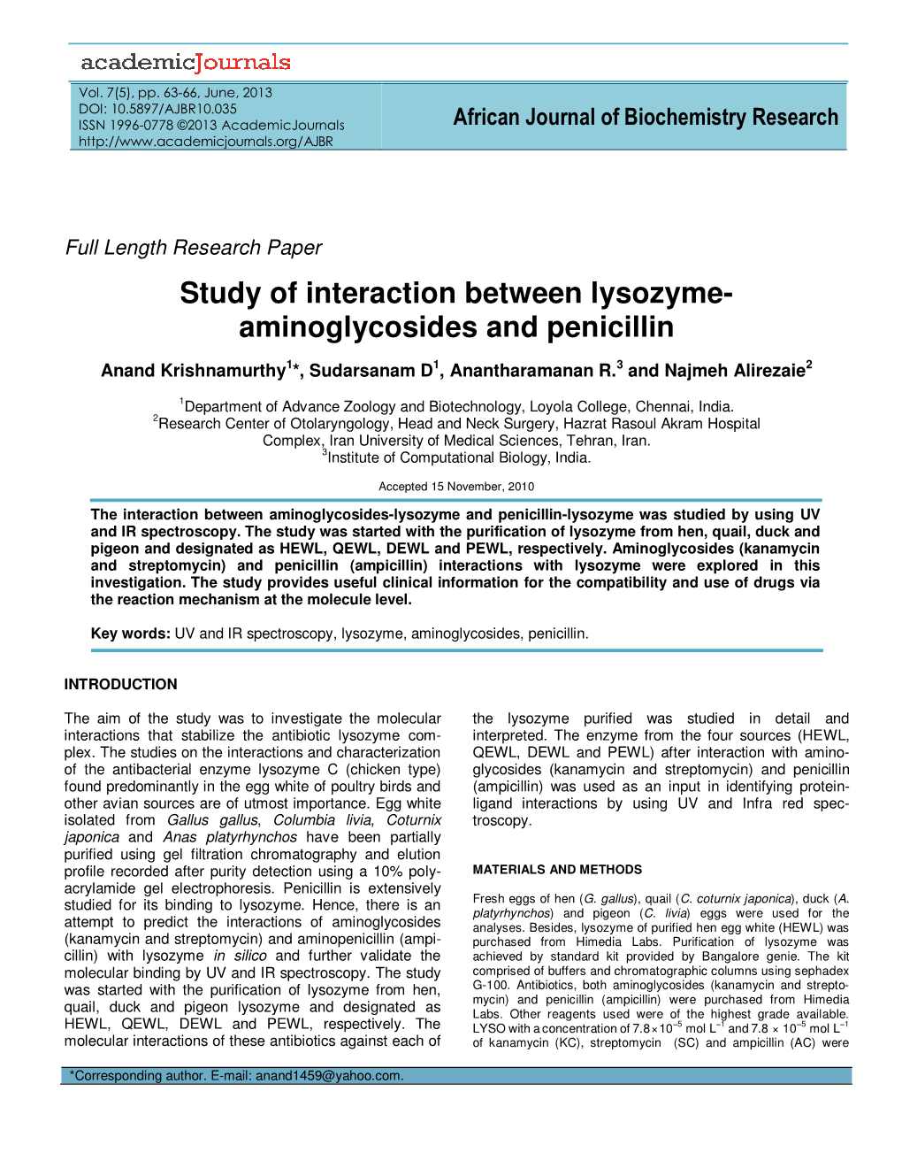 Study of Interaction Between Lysozyme- Aminoglycosides and Penicillin