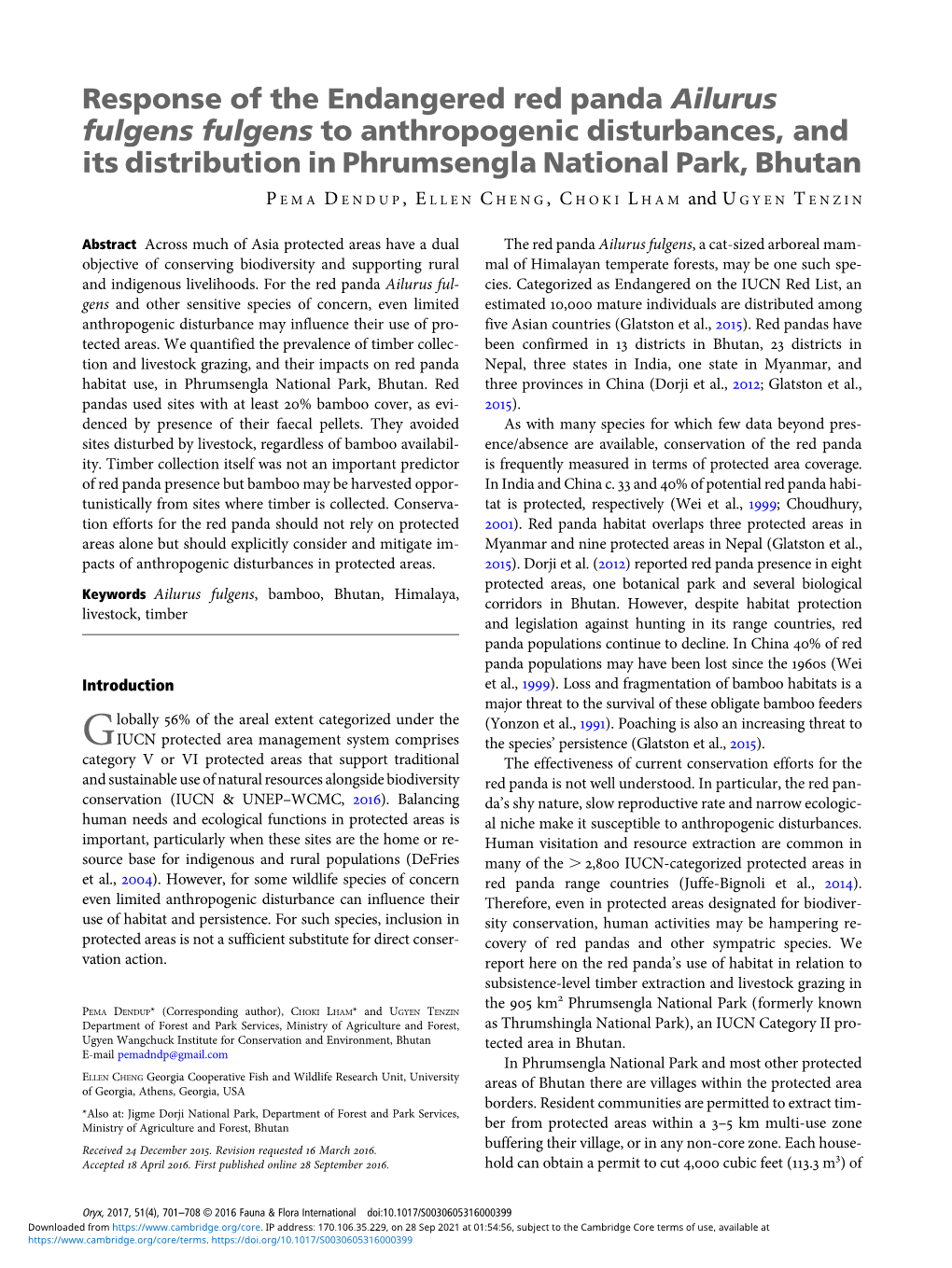 Response of the Endangered Red Panda Ailurus Fulgens Fulgens to Anthropogenic Disturbances, and Its Distribution in Phrumsengla National Park, Bhutan