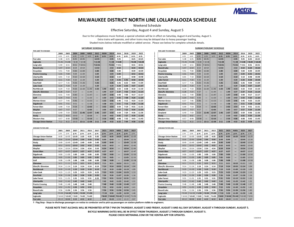 MILWAUKEE DISTRICT NORTH LINE LOLLAPALOOZA SCHEDULE Weekend Schedule Effective Saturday, August 4 and Sunday, August 5