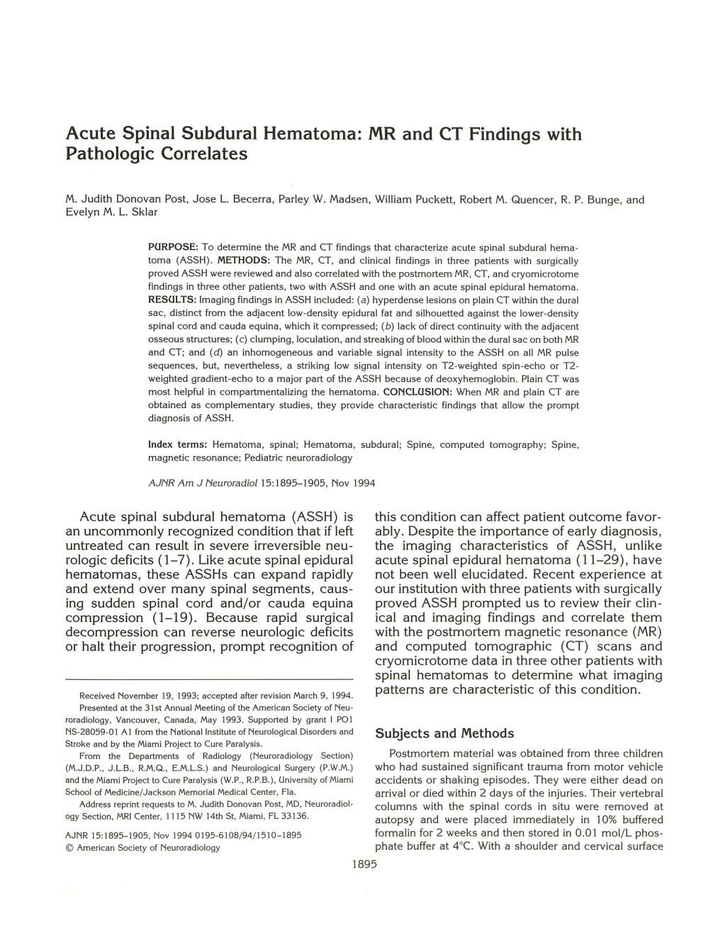 Acute Spinal Subdural Hematoma: .MR and CT Findings with Pathologic Correlates