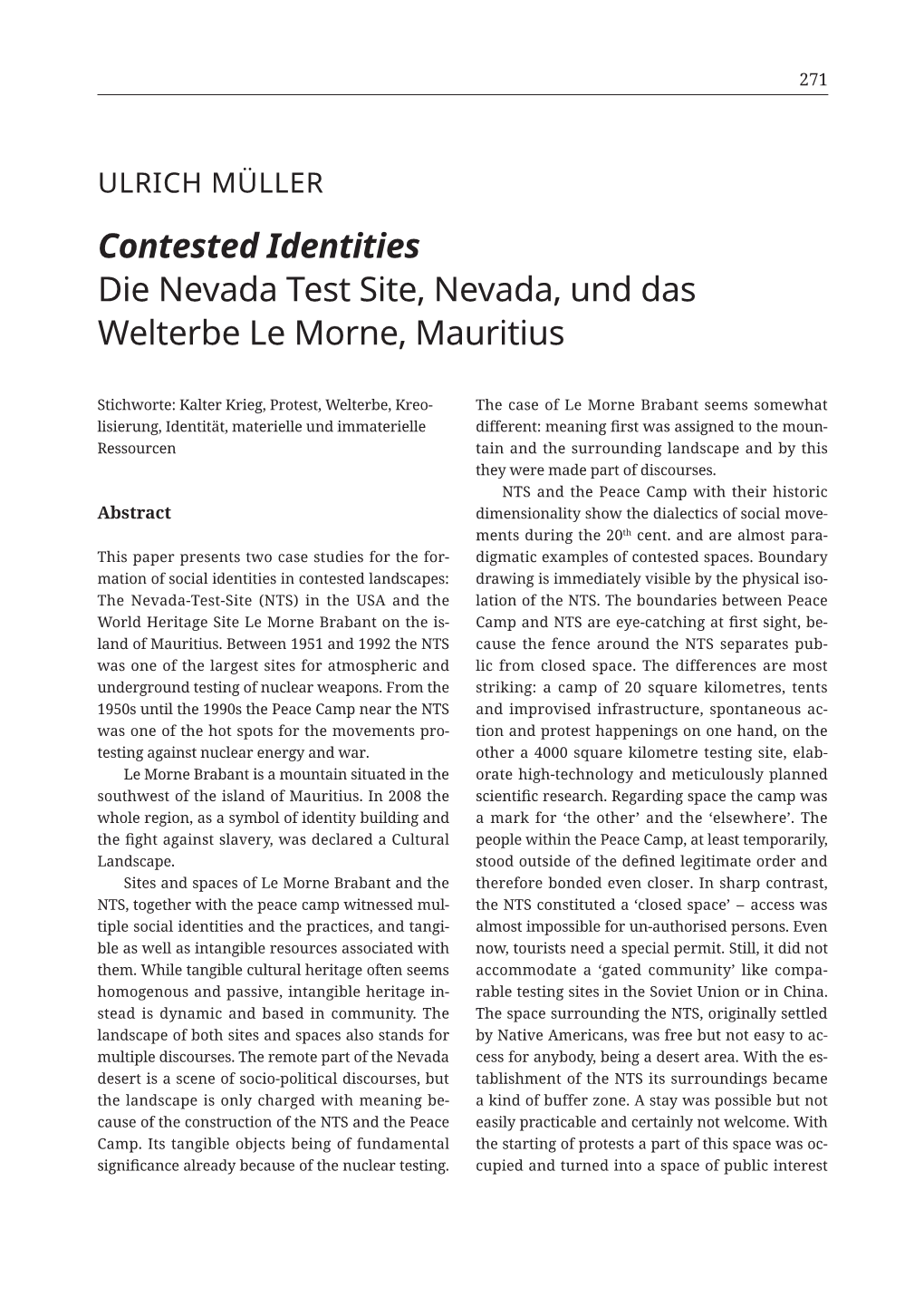 ULRICH MÜLLER Contested Identities 'LH७1HYDGD७7HVW७6LWH௵७1HYDGD௵७XQG७GDV७ :HOWHUEH७/H७0RUQH௵७0DXULWLXV