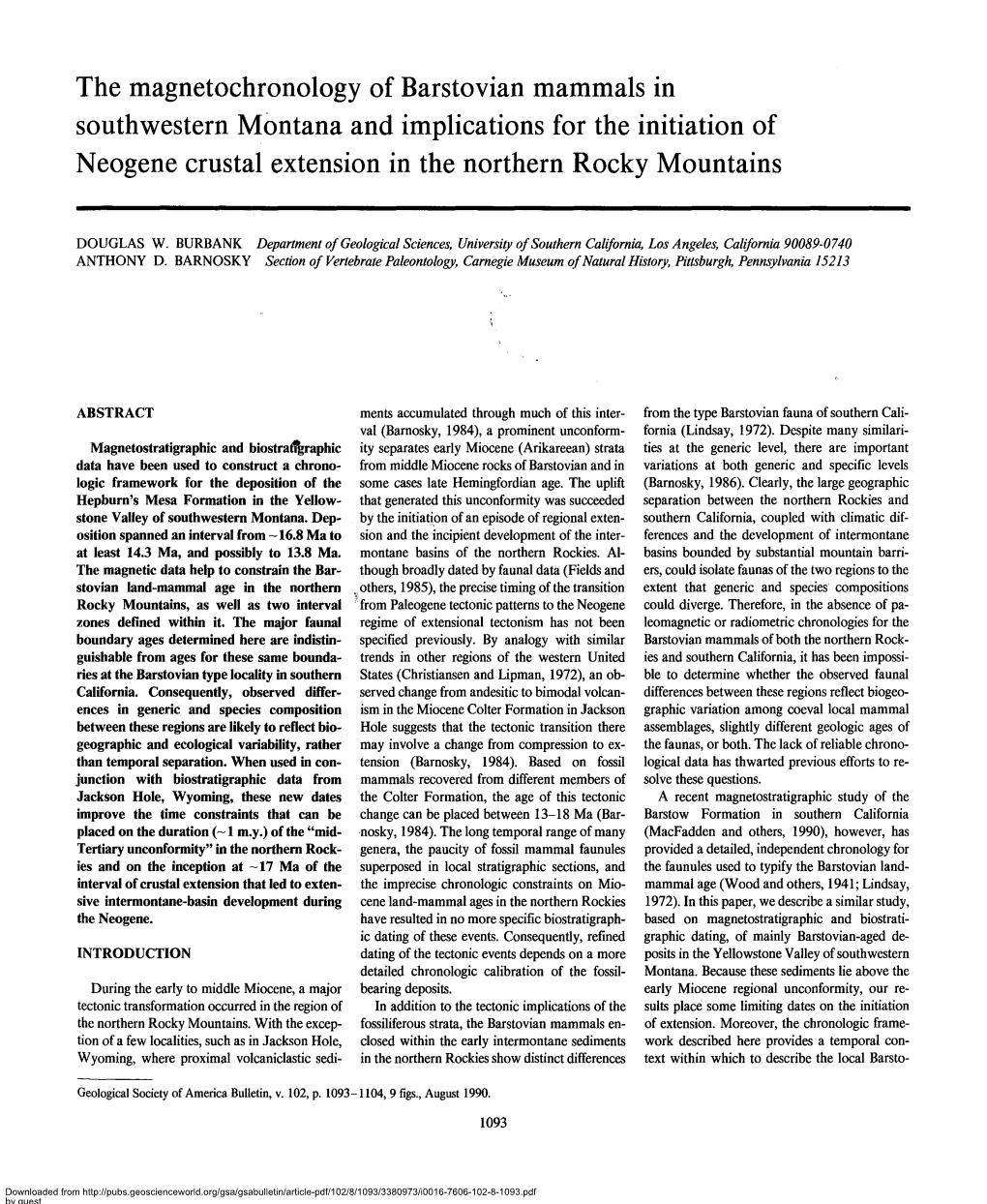 The Magnetochronology of Barstovian Mammals in Southwestern Montana and Implications for the Initiation of Neogene Crustal Extension in the Northern Rocky Mountains