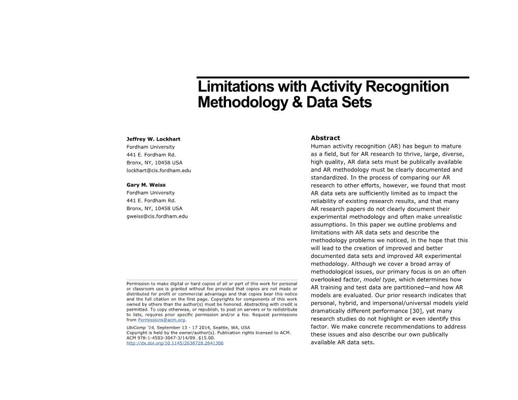 Limitations with Activity Recognition Methodology & Data Sets