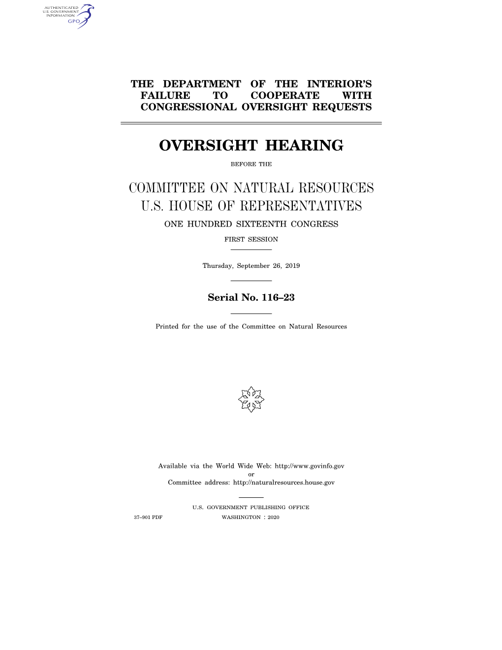 Oversight Hearing Committee on Natural Resources U.S