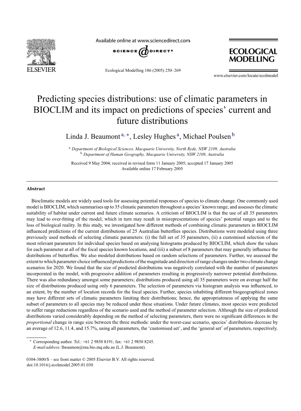 Use of Climatic Parameters in BIOCLIM and Its Impact on Predictions of Species’ Current and Future Distributions