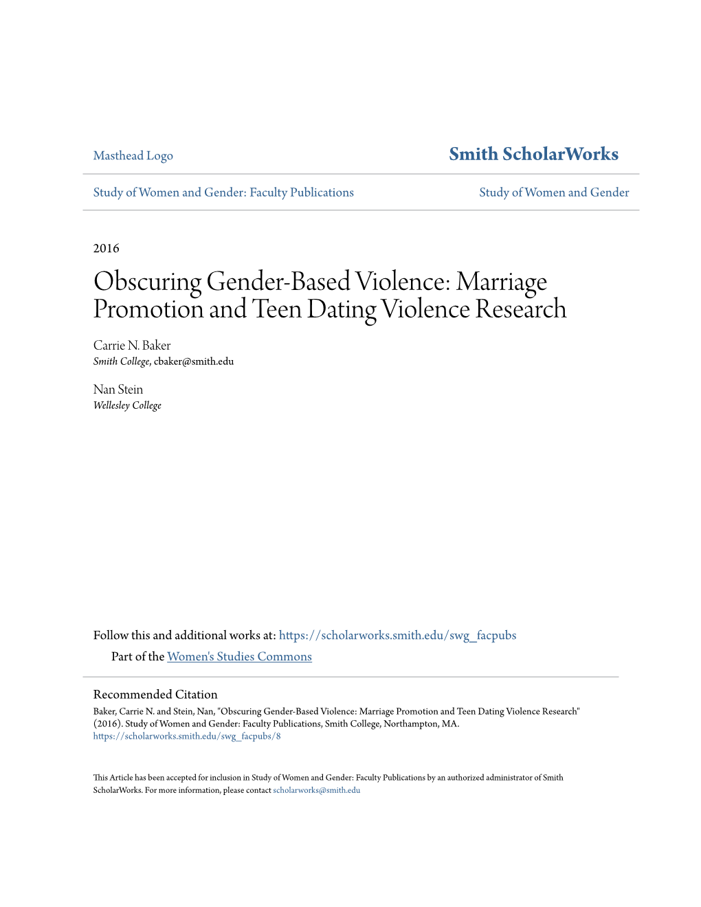 Obscuring Gender-Based Violence: Marriage Promotion and Teen Dating Violence Research Carrie N