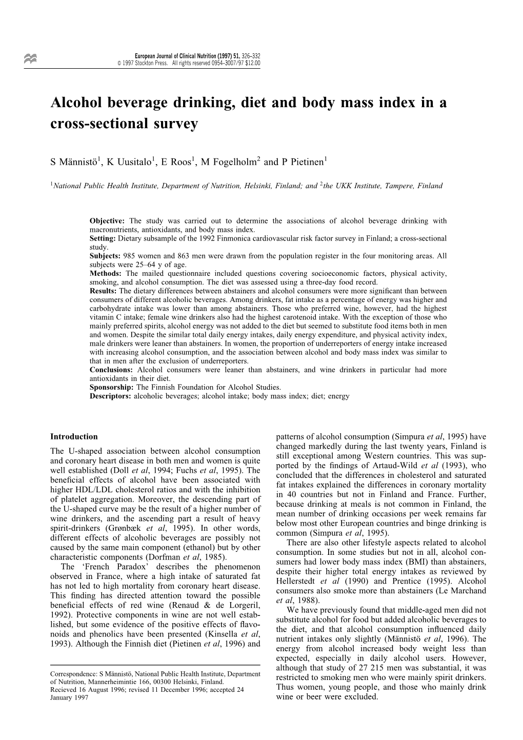 Alcohol Beverage Drinking, Diet and Body Mass Index in a Cross-Sectional Survey