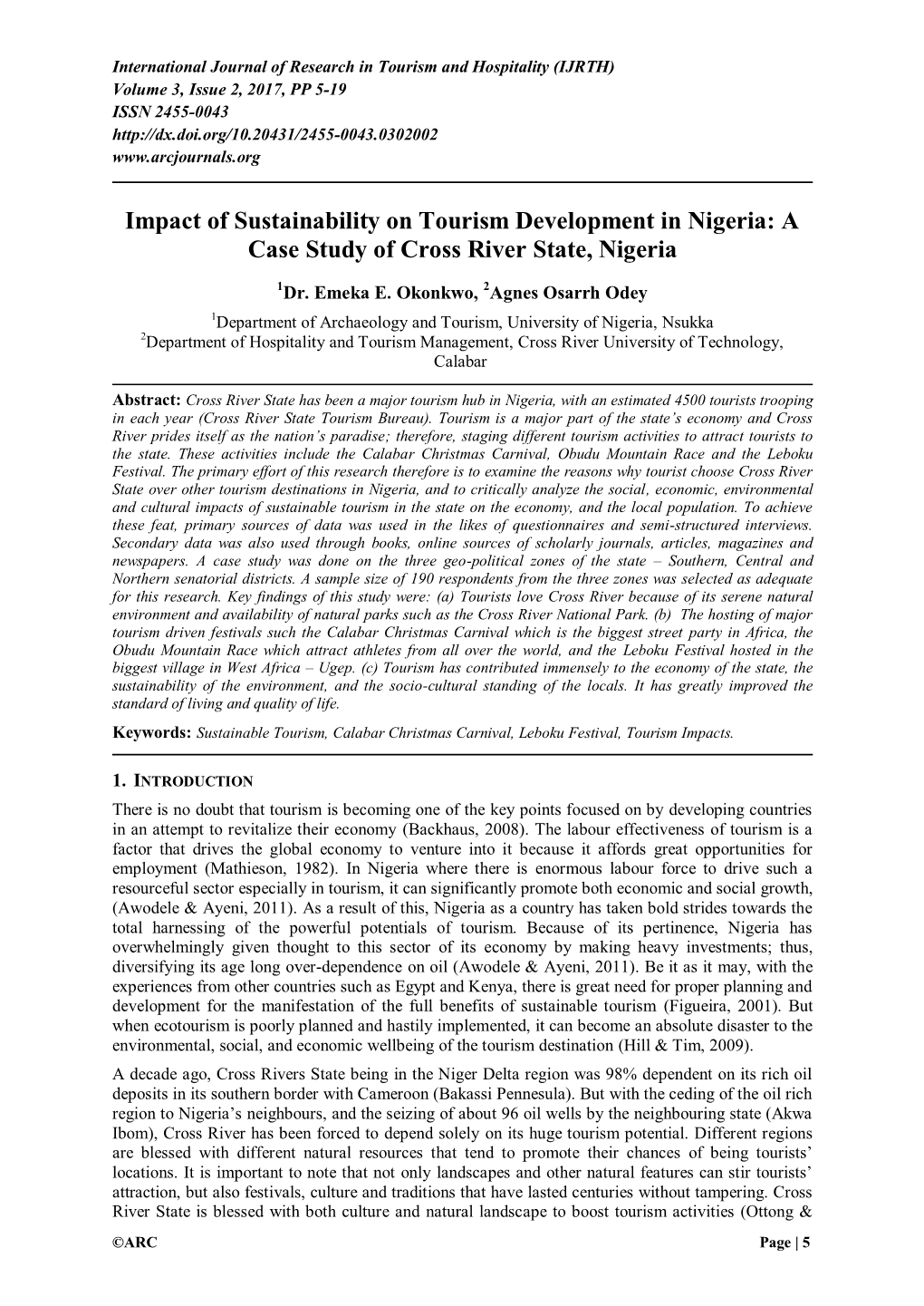 Impact of Sustainability on Tourism Development in Nigeria: a Case Study of Cross River State, Nigeria
