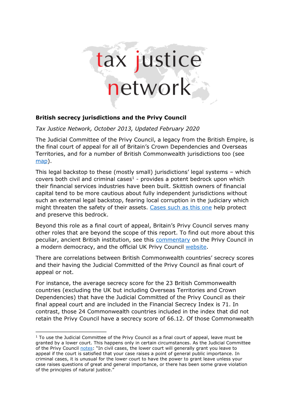British Secrecy Jurisdictions and the Privy Council Tax Justice Network