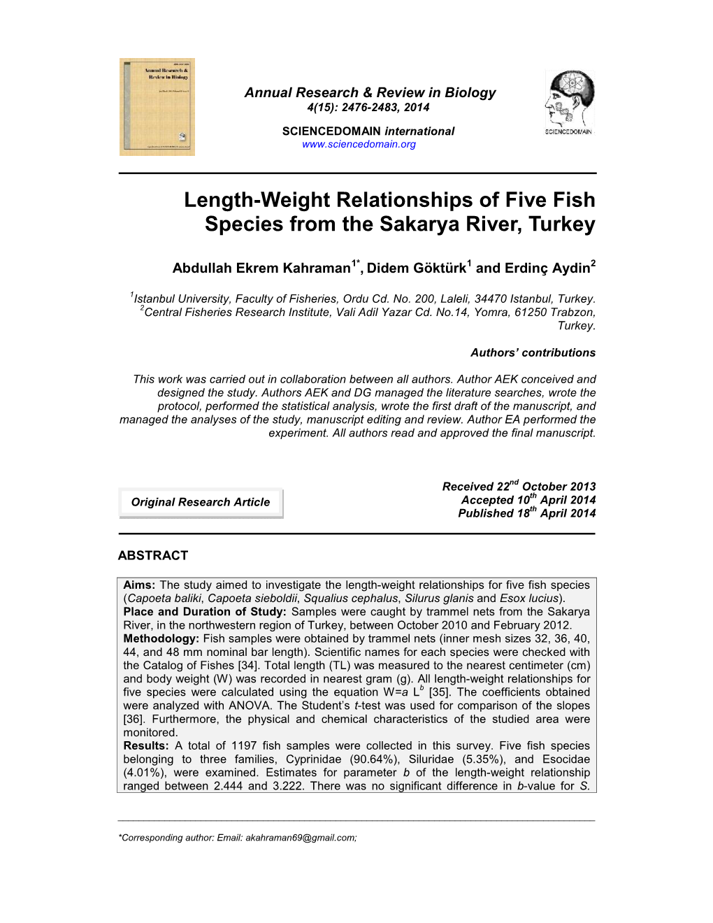 Length-Weight Relationships of Five Fish Species from the Sakarya River, Turkey