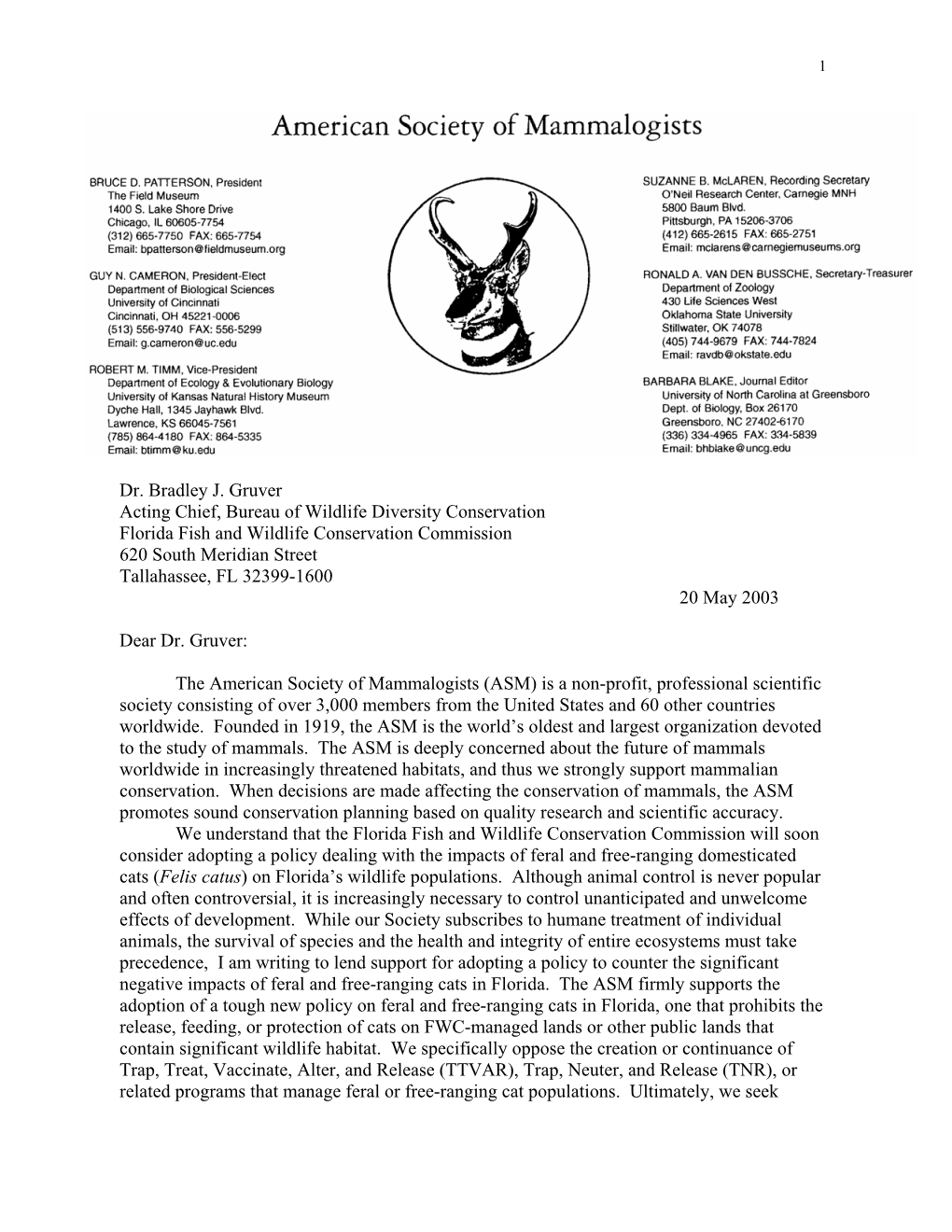 2003 American Society of Mammalogists to Florida Fish and Wildlife Conservation Commission