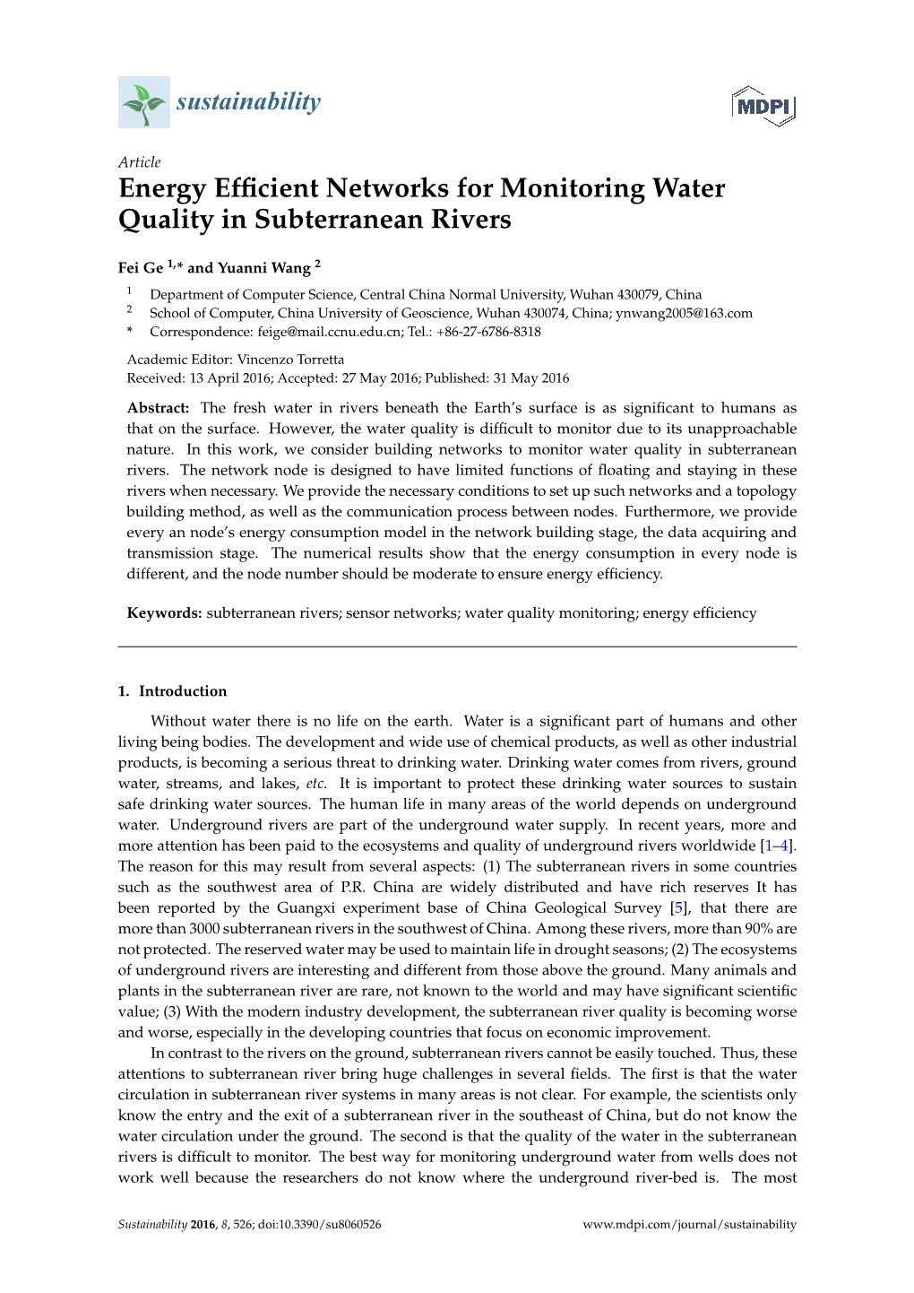 Energy Efficient Networks for Monitoring Water Quality in Subterranean Rivers