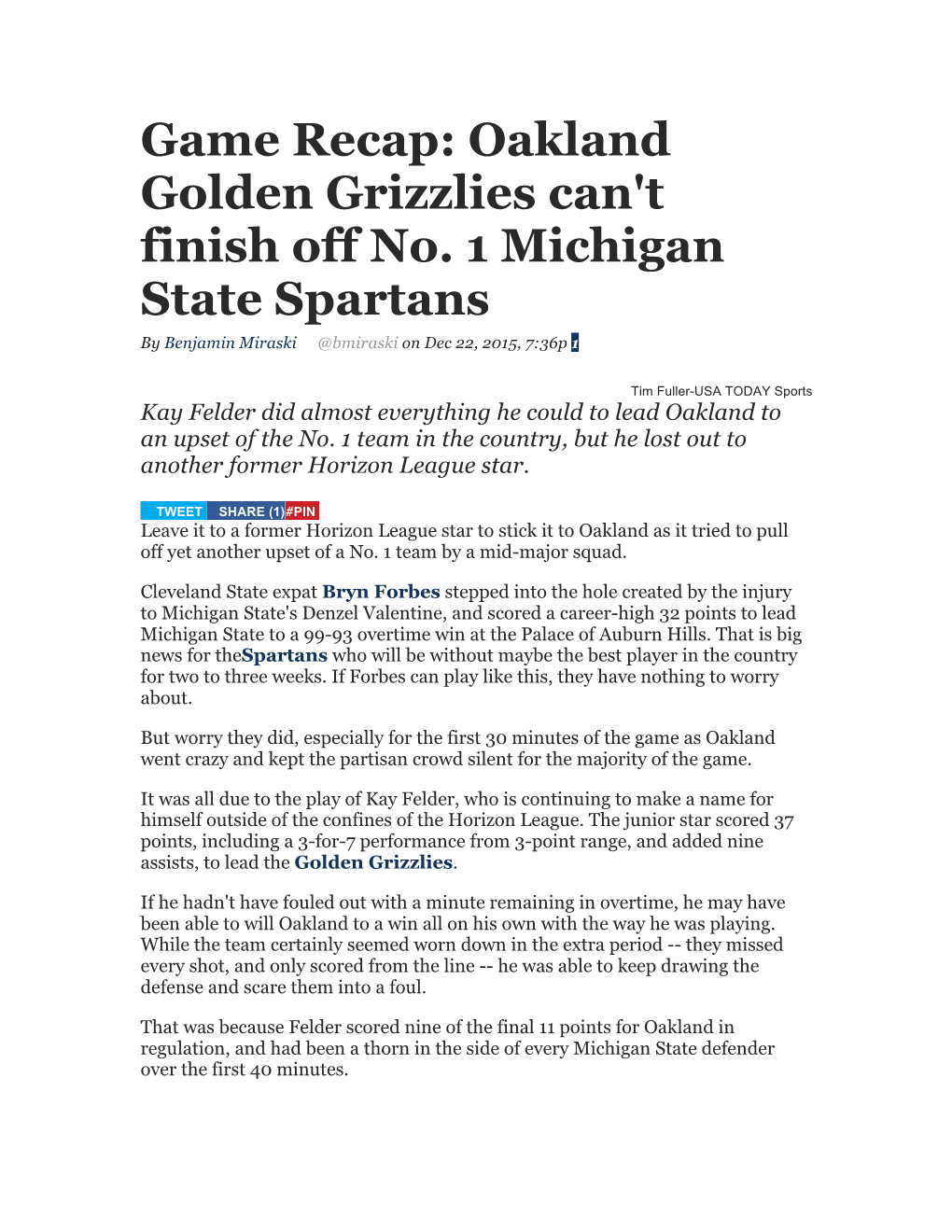 Game Recap: Oakland Golden Grizzlies Can't Finish Off No. 1 Michigan State Spartans