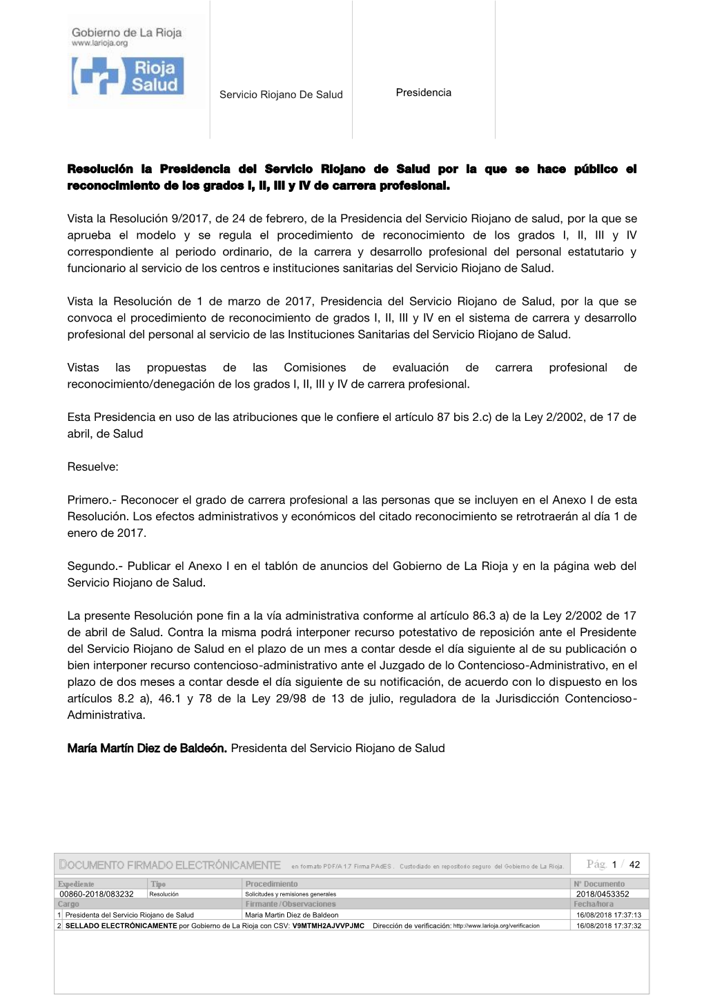 Resolución La Presidencia Del Servicio Riojano De Salud Por La Que Se Hace Público El Reconocimiento De Los Grados I, II, III Y IV De Carrera Profesional