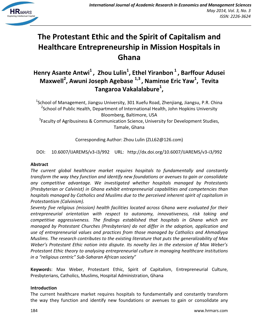 The Protestant Ethic and the Spirit of Capitalism and Healthcare Entrepreneurship in Mission Hospitals in Ghana