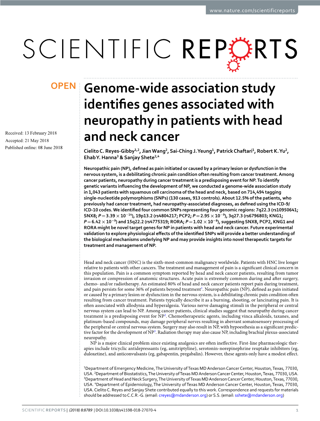 Genome-Wide Association Study Identifies Genes Associated with Neuropathy in Patients with Head and Neck Cancer