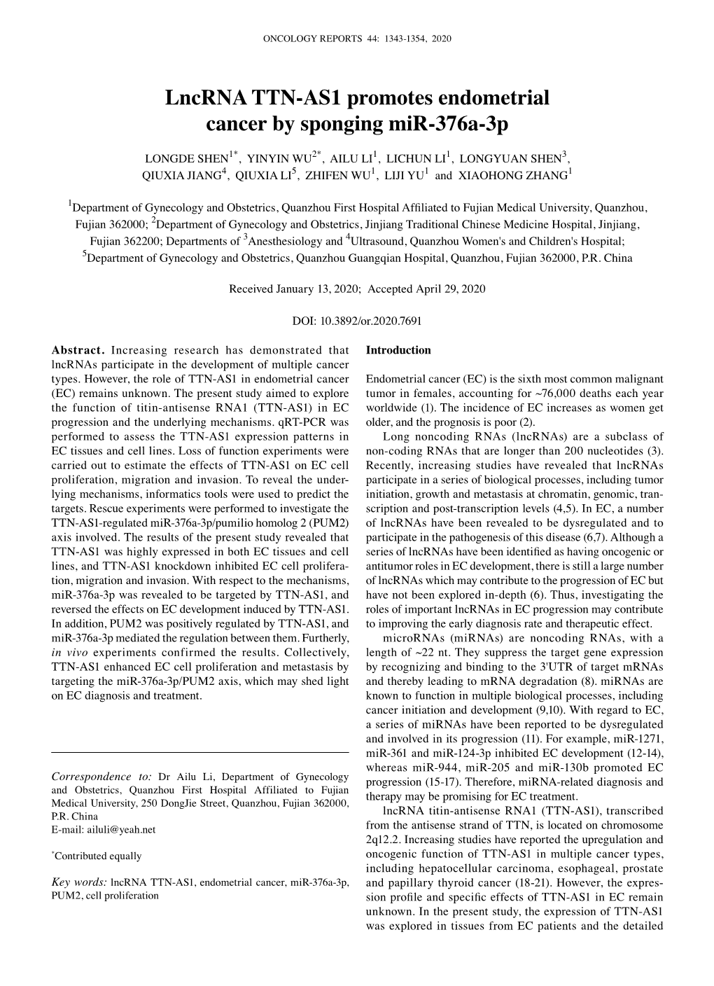 Lncrna TTN‑AS1 Promotes Endometrial Cancer by Sponging Mir‑376A‑3P