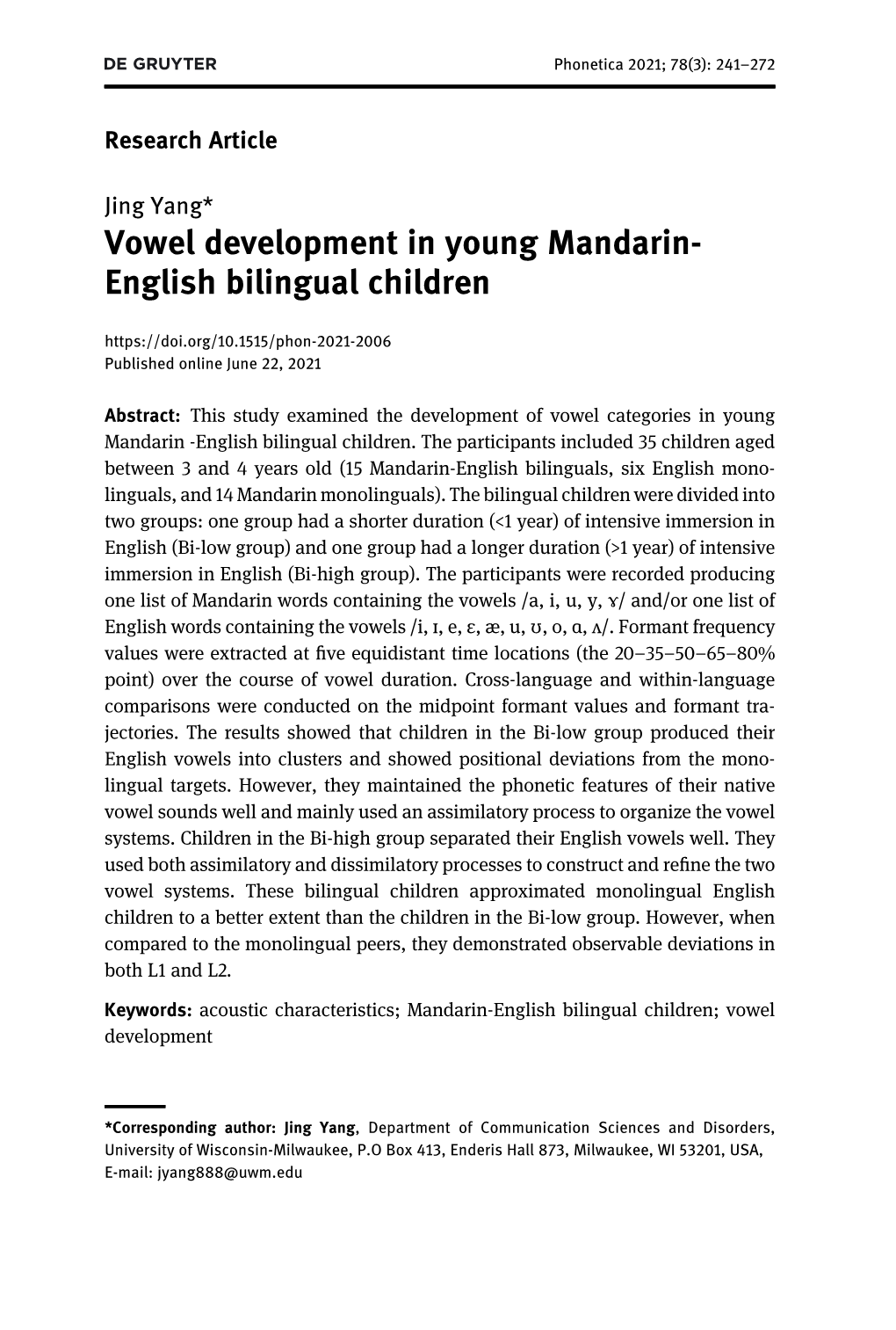 Vowel Development in Young Mandarin- English Bilingual Children Published Online June 22, 2021