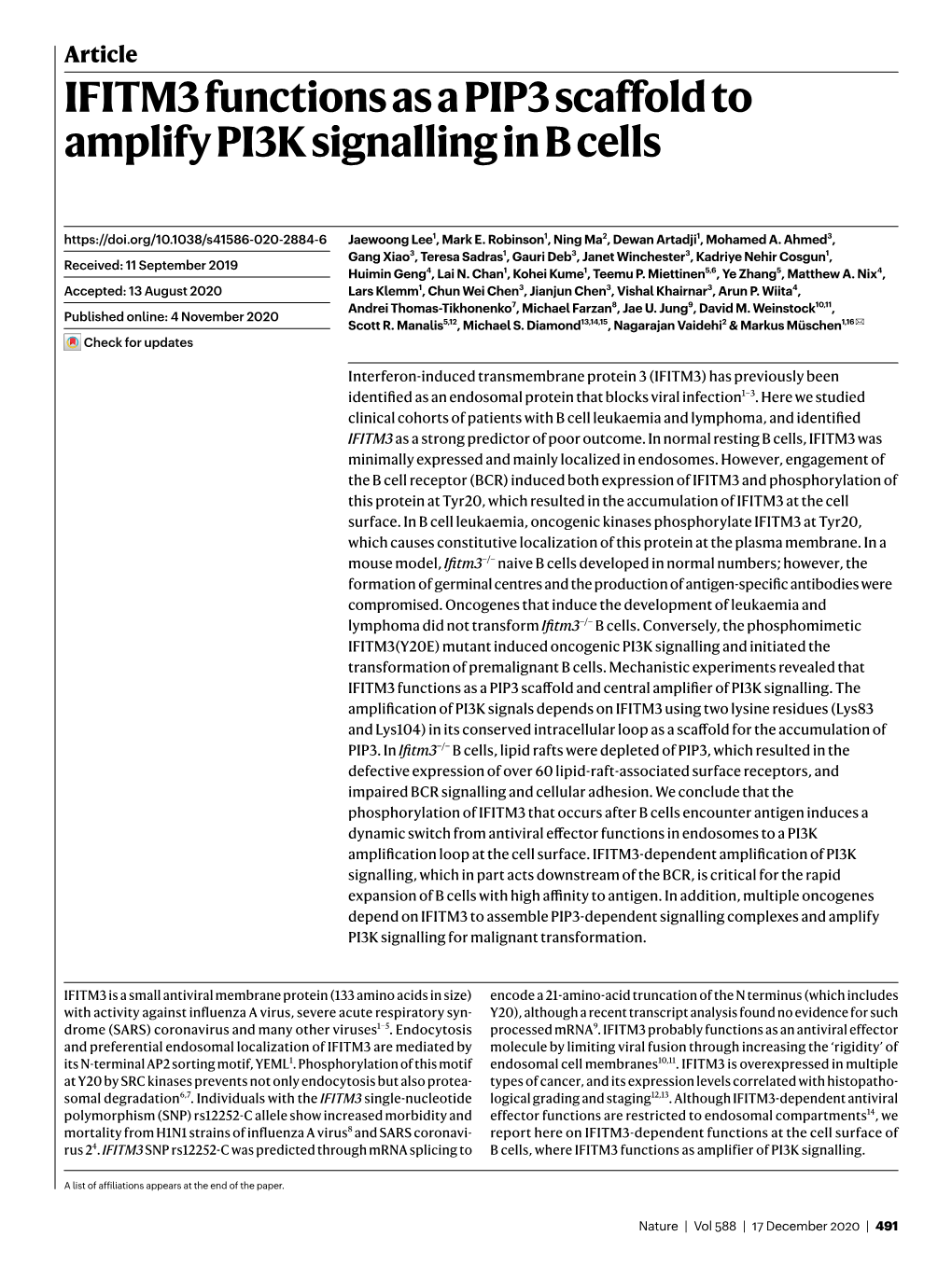 IFITM3 Functions As a PIP3 Scaffold to Amplify PI3K Signalling in B Cells