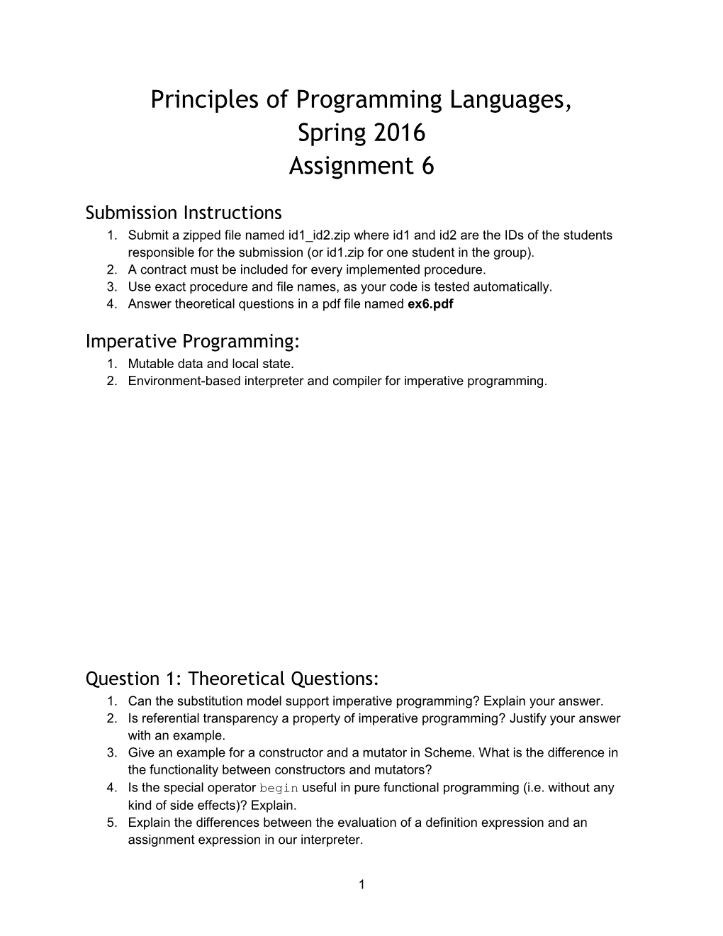 Principles of Programming Languages, Spring 2016 Assignment 6