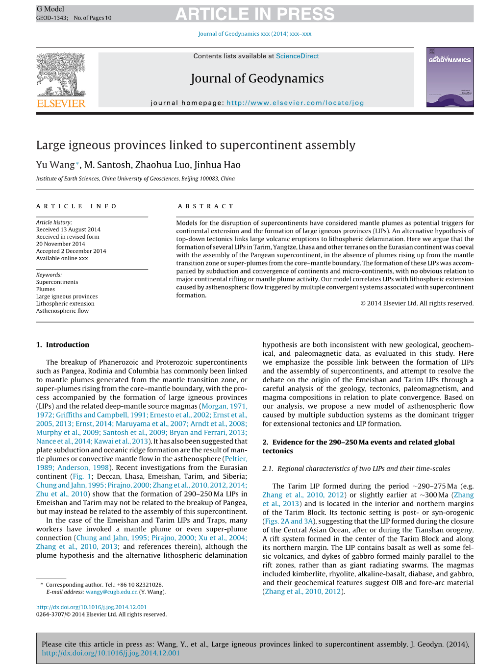 Wang,Yu, M. Santosh, Zhaohua Luo, Jinhua Hao, Large Igneous