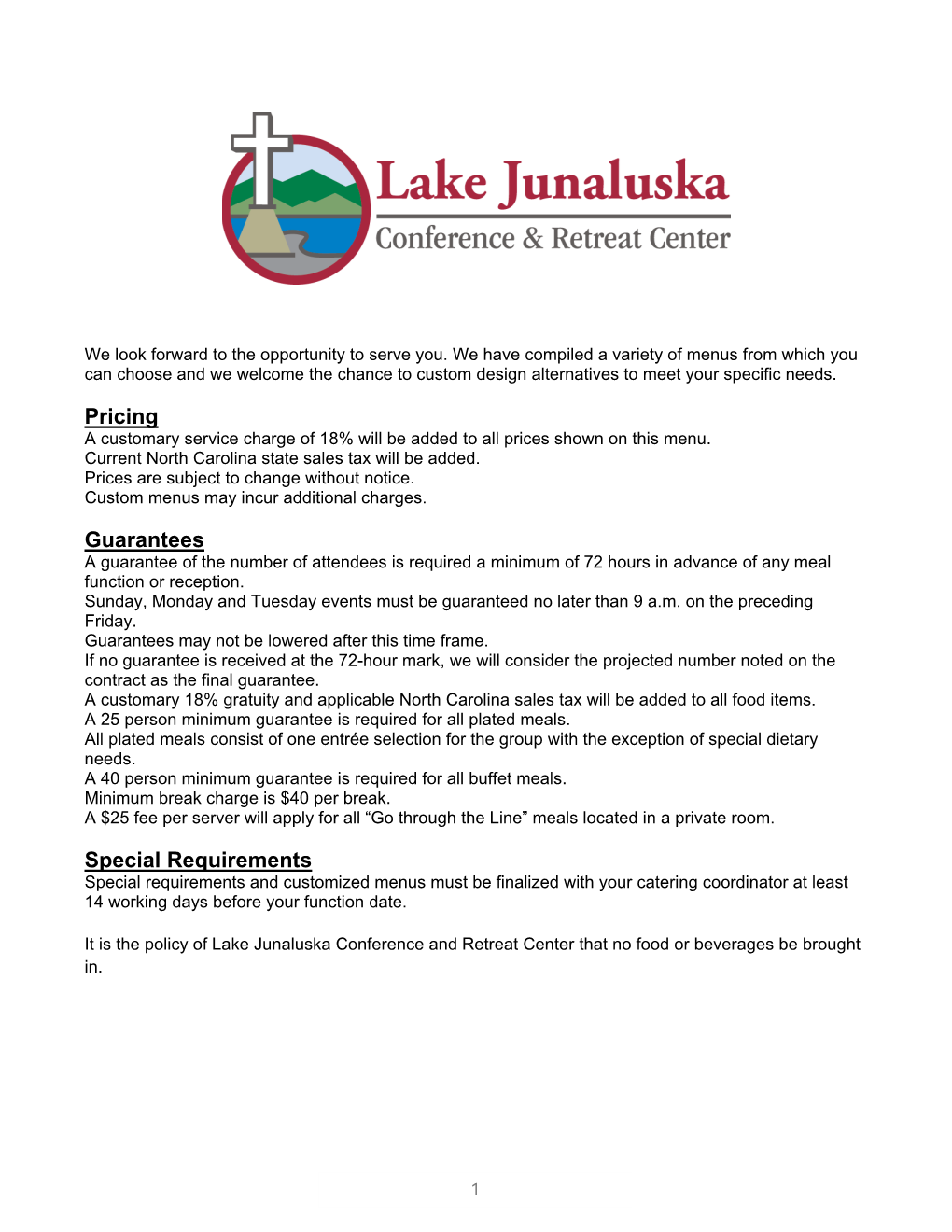 Lake Junaluska Catering Menu