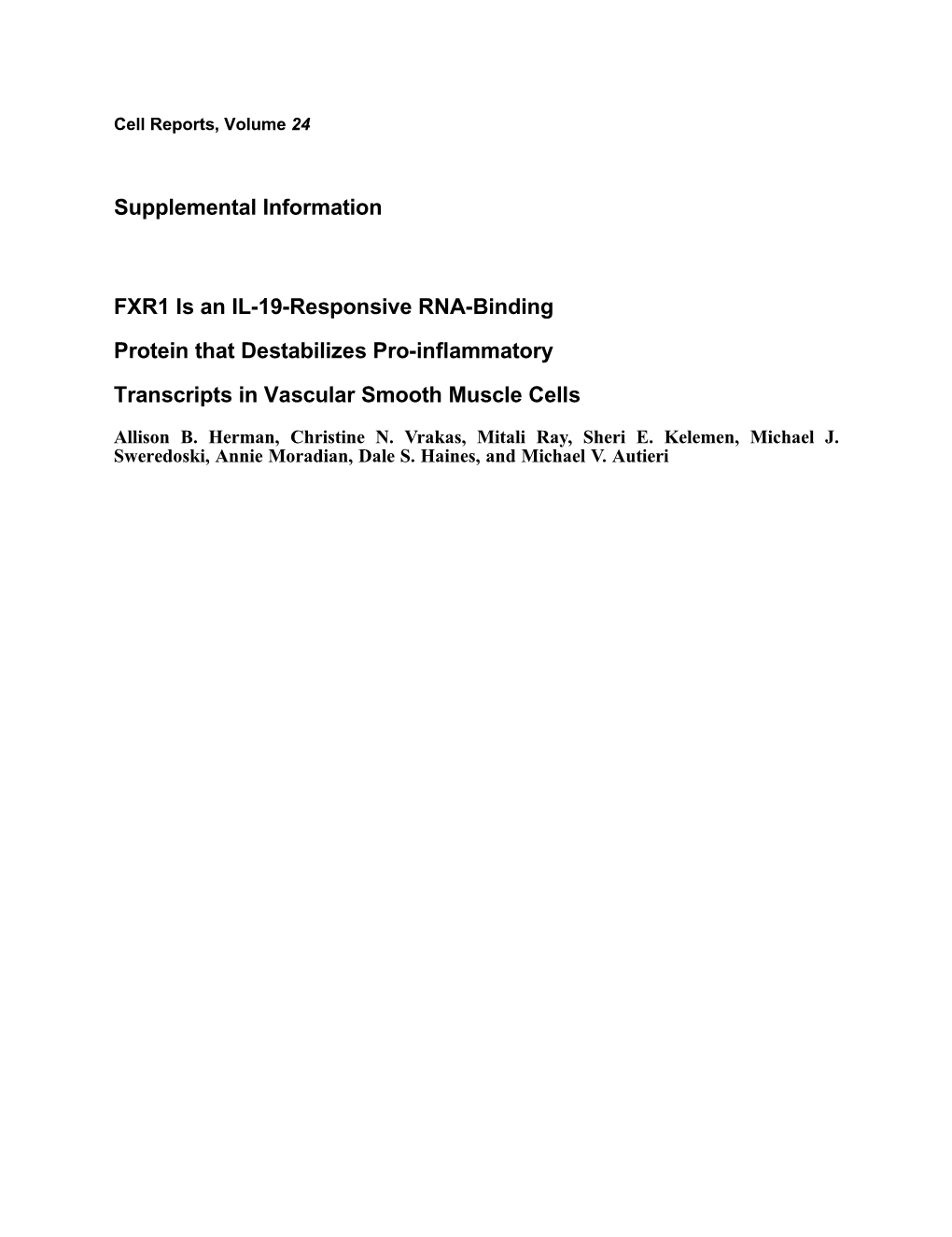 FXR1 Is an IL-19-Responsive RNA-Binding Protein That Destabilizes Pro-Inﬂammatory Transcripts in Vascular Smooth Muscle Cells Allison B