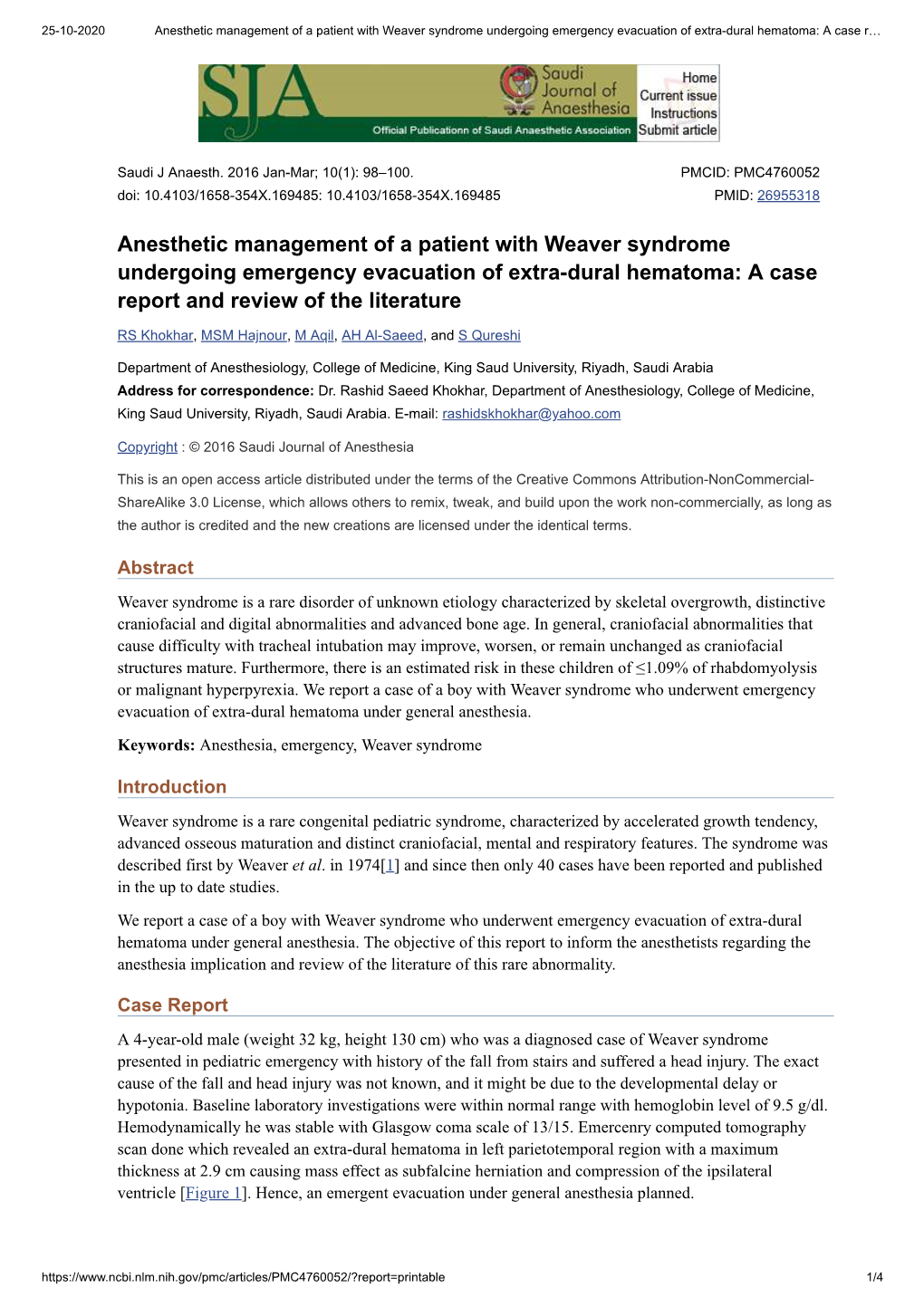 Anesthetic Management of a Patient with Weaver Syndrome Undergoing Emergency Evacuation of Extra-Dural Hematoma: a Case R…