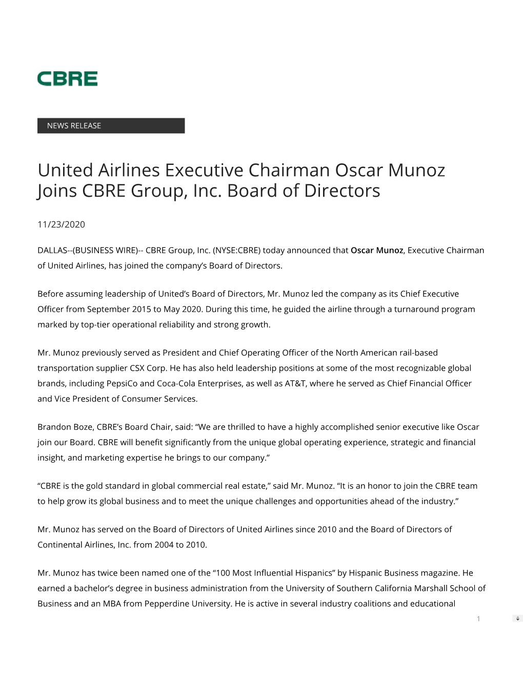 United Airlines Executive Chairman Oscar Munoz Joins CBRE Group, Inc