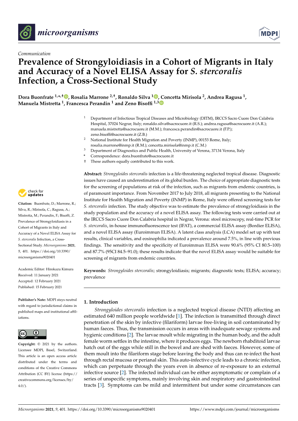 Prevalence of Strongyloidiasis in a Cohort of Migrants in Italy and Accuracy of a Novel ELISA Assay for S