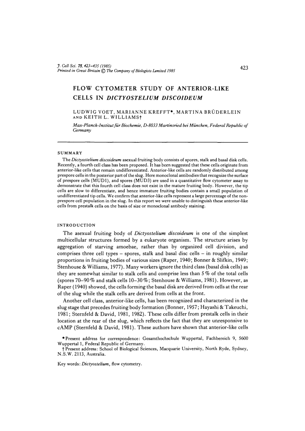 Flow Cytometer Study of Anterior-Like Cells in Dictyostelium Discoideum