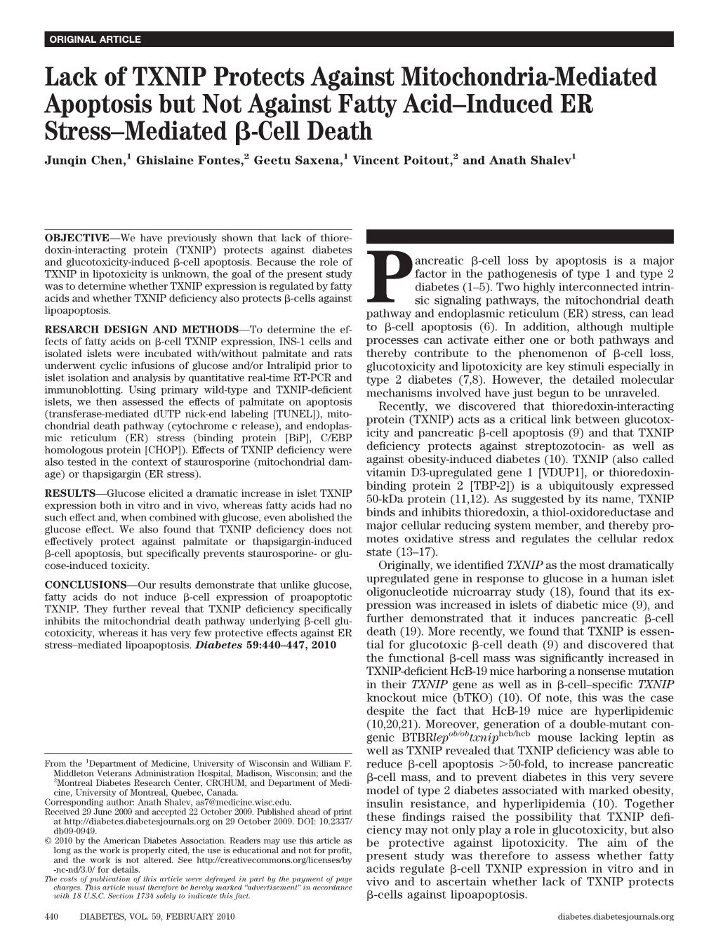 Lack of TXNIP Protects Against Mitochondria-Mediated Apoptosis