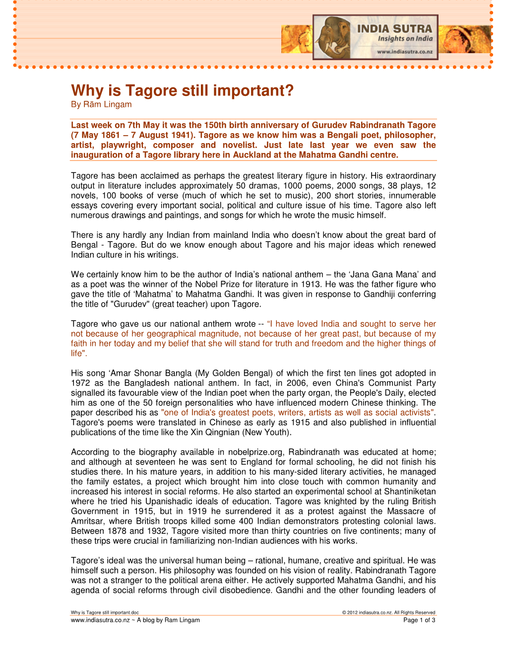 Why Is Tagore Still Important? by R Ām Lingam
