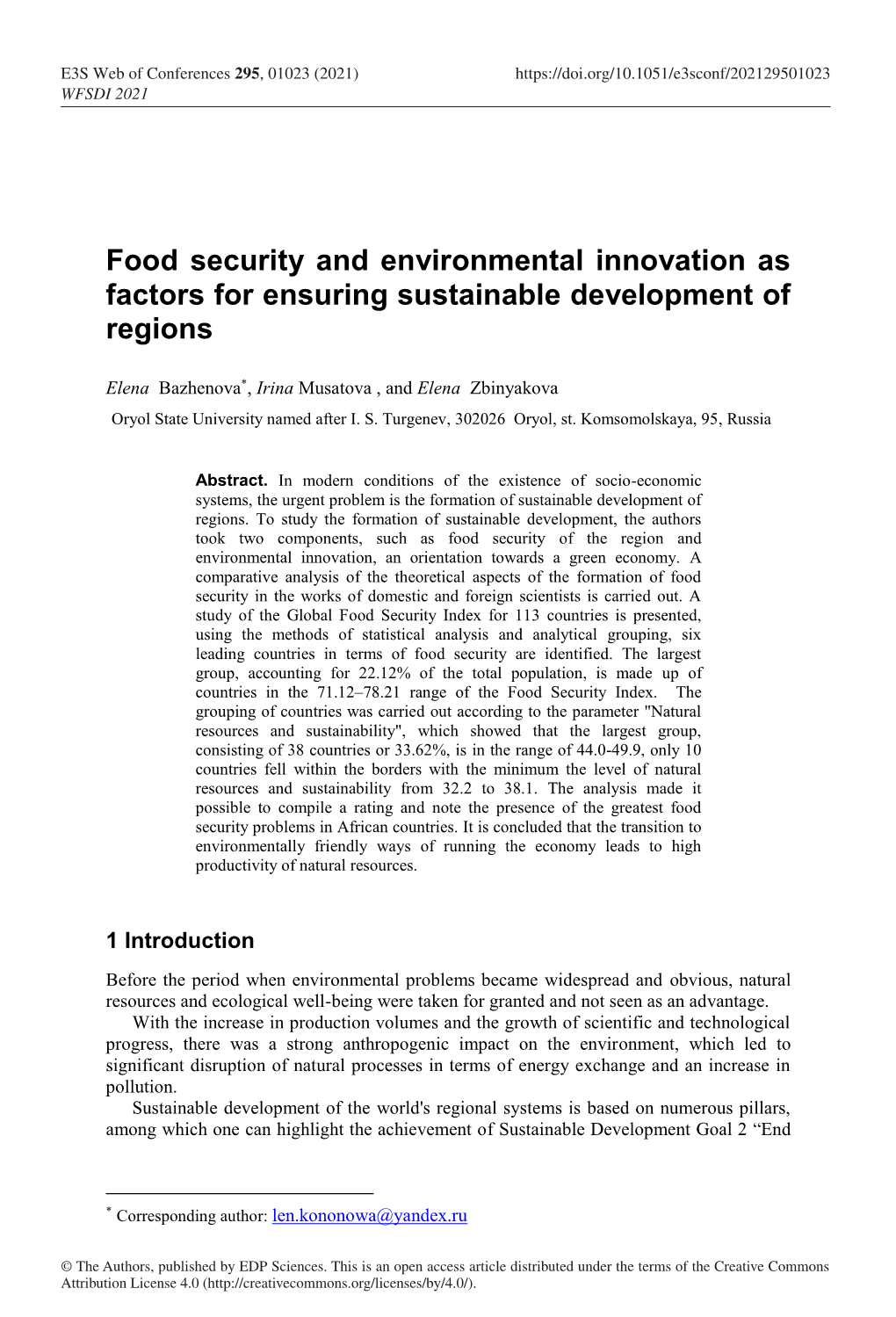 Food Security and Environmental Innovation As Factors for Ensuring Sustainable Development of Regions