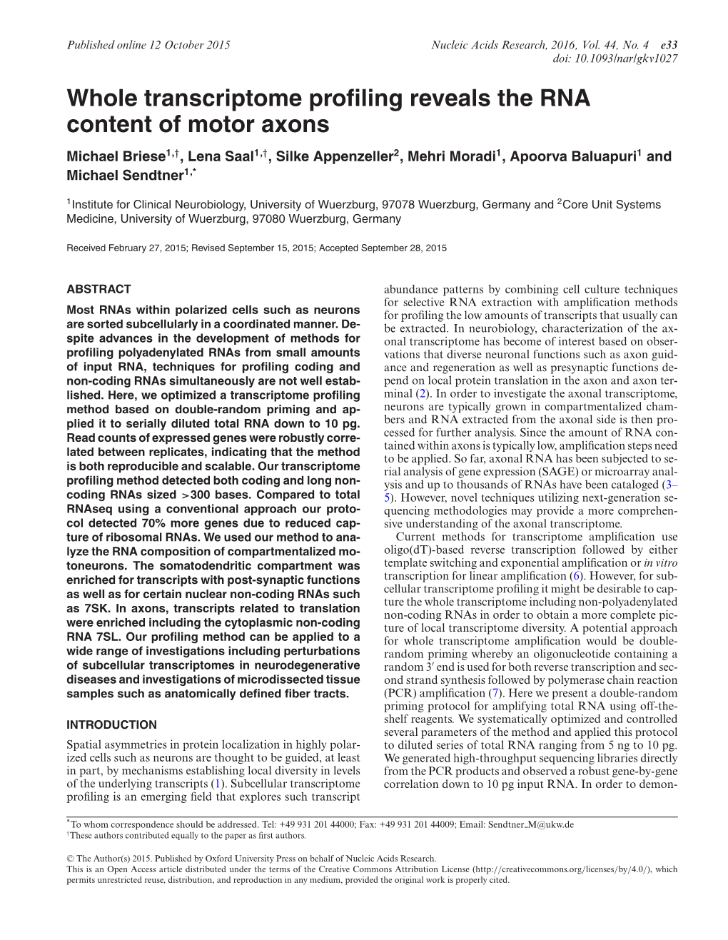 Whole Transcriptome Profiling Reveals the RNA Content of Motor Axons