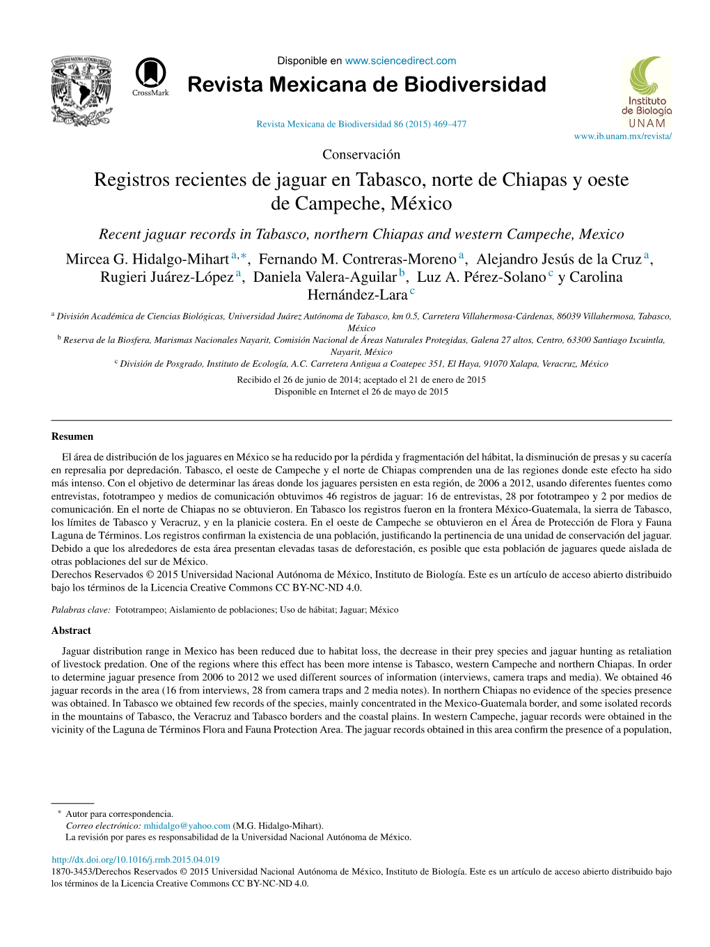 Registros Recientes De Jaguar En Tabasco, Norte De Chiapas Y Oeste