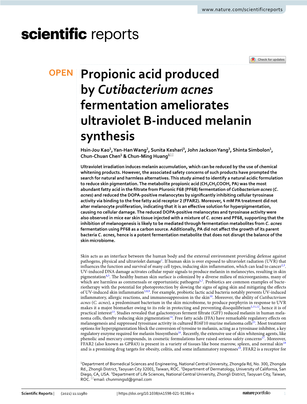 Propionic Acid Produced by Cutibacterium Acnes Fermentation