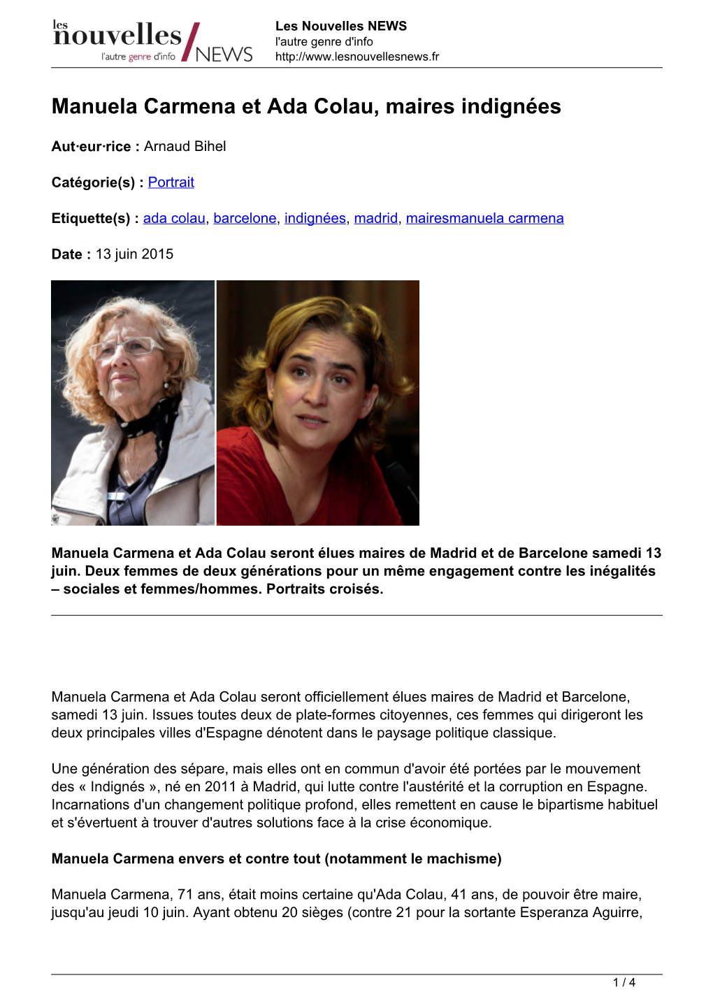 Manuela Carmena Et Ada Colau, Maires Indignées