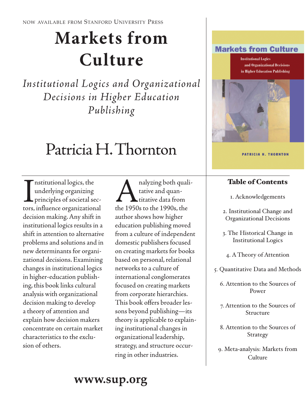 Markets from Culture Institutional Logics and Organizational Decisions in Higher Education Publishing