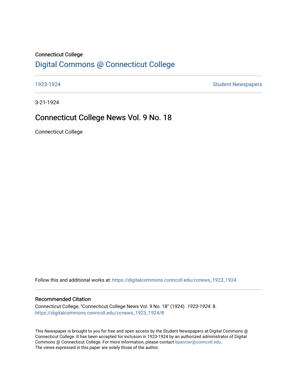 Connecticut College News Vol. 9 No. 18