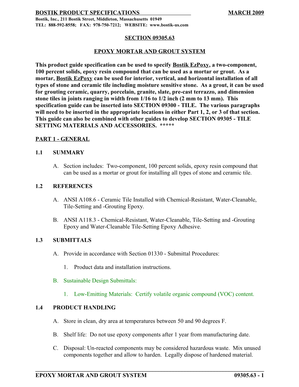 Bostik Product Specifications March 2009