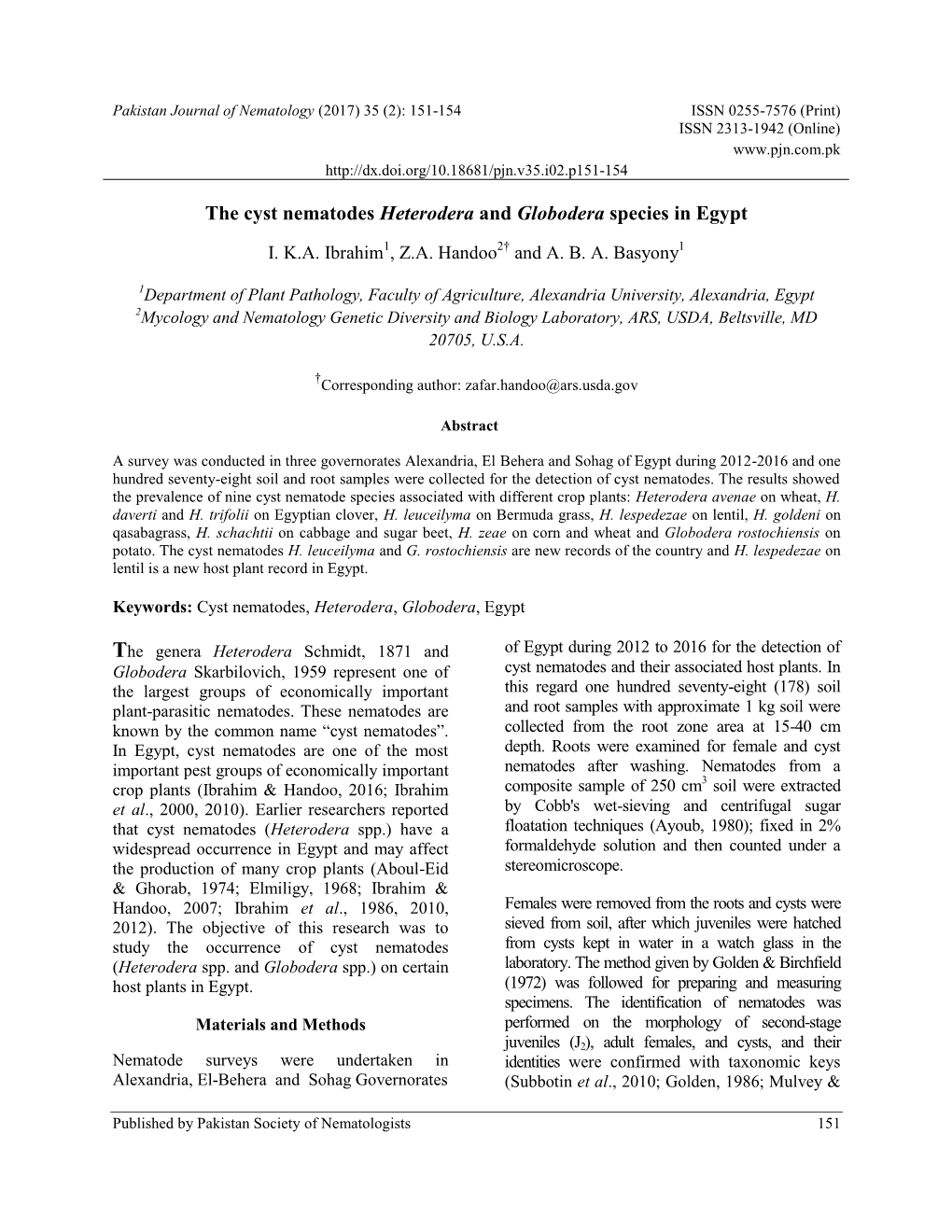 The Cyst Nematodes Heterodera and Globodera Species in Egypt