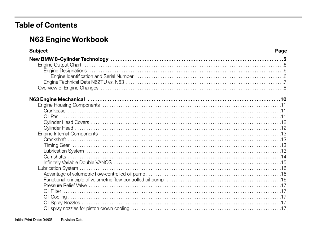 Table of Contents N63 Engine Workbook