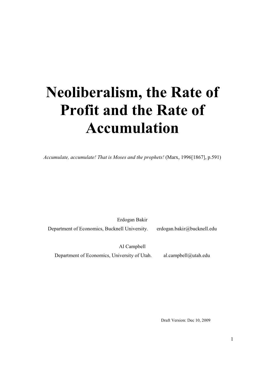 Neoliberalism, the Rate of Profit and the Rate of Accumulation