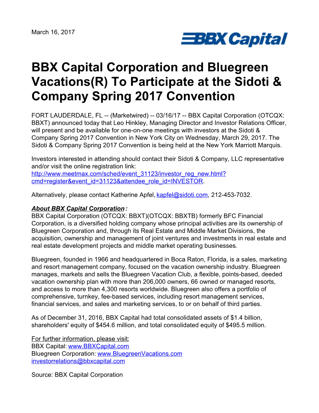 BBX Capital Corporation and Bluegreen Vacations(R) to Participate at the Sidoti & Company Spring 2017 Convention