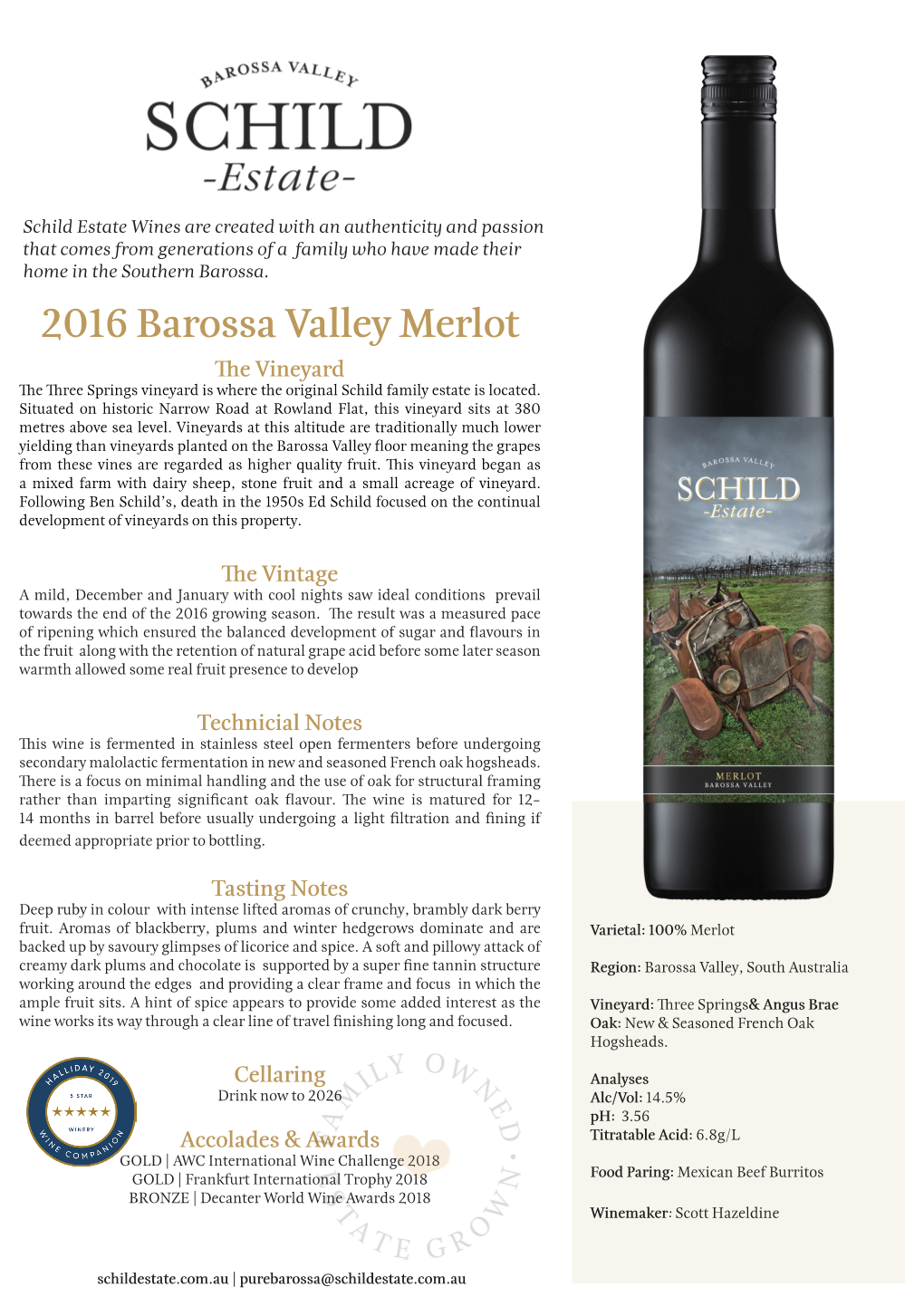 2016 Barossa Valley Merlot the Vineyard the Three Springs Vineyard Is Where the Original Schild Family Estate Is Located